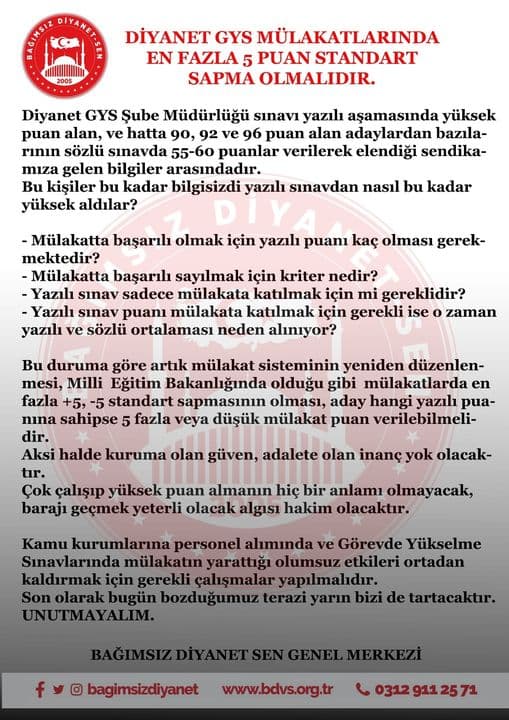DİYANET GYS MÜLAKATLARINDA EN FAZLA 5 PUAN STANDART SAPMA OLMALIDIR.